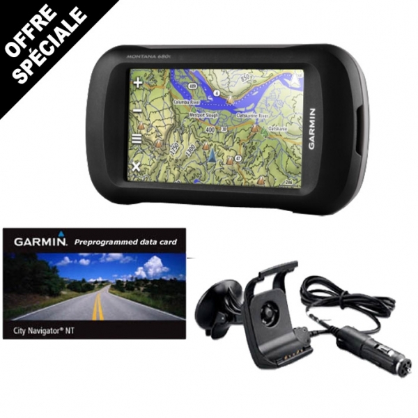 PACK GPS GARMIN MONTANA 680T + CARTE SD / MICRO SD PRECHARGEE EUROPE + SUPPORT AUTOMOBILE A VENTOUSE