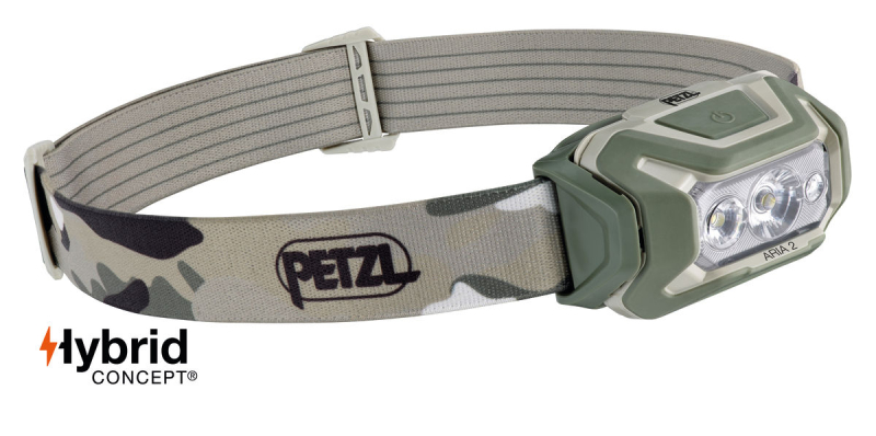 LAMPE FRONTALE ETANCHE PETZL ARIA 2 RGB 450 LUMENS CAMO