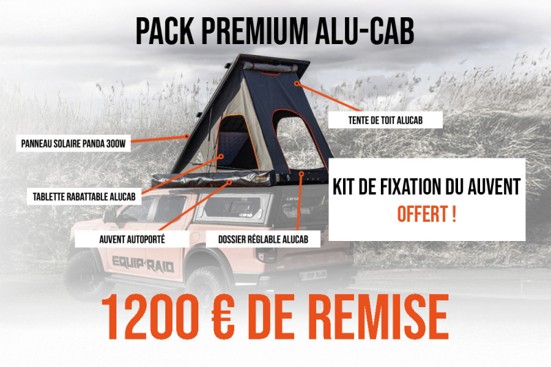 PACK PREMIUM ALU-CAB AVEC TENTE DE TOIT GEN 3-R, TABLETTE, DOSSIER, AUVENT 270° GAUCHE ET PANNEAU SOLAIRE 300W