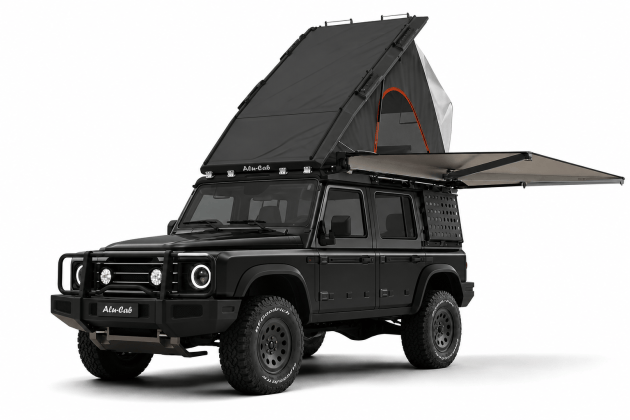 Toit relevable Alu-Cab Silenus noir pour Ineos Grenadier avec auvent 270° gauche et support