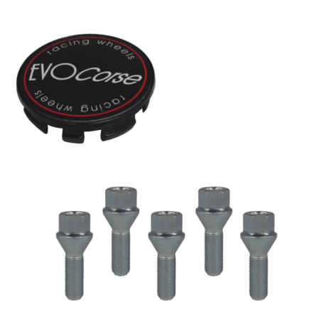 Kit visserie EVO Corse M14x1,50 zinguée et cache moyeu avec écusson noir mat (pour une jante)