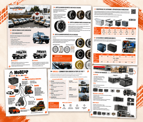 Aperçu de plusieurs pages intérieures de la Bible du Baroudeur Equip’Raid 2026-2027 présentant des équipements 4x4, véhicules, jantes, réfrigérateurs, tentes de toit et conseils techniques.